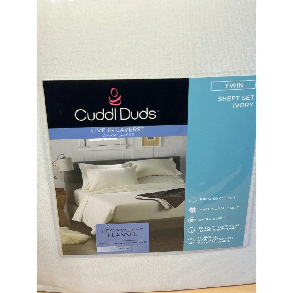 Cuddl Duds Twin Heavyweight Flannel Sheet Set Ivory 100% Cotton 3CUSFLSSSDTW